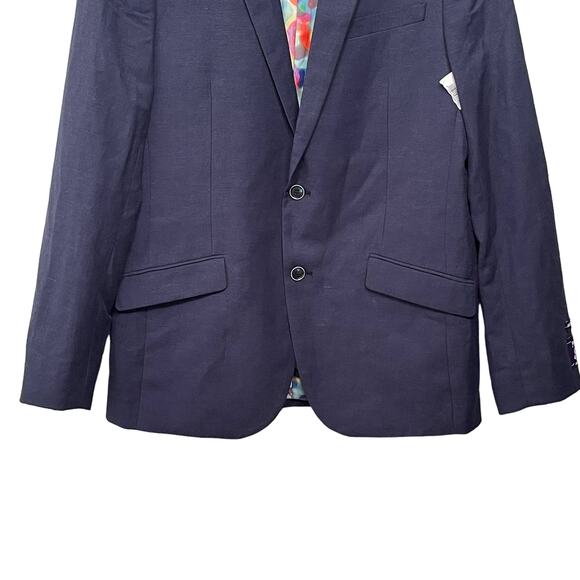 The Savile Row Mens Blazer Jacket 40L Blue‎ Brit Skinny Linen Blend 2 Button - Picture 3 of 12